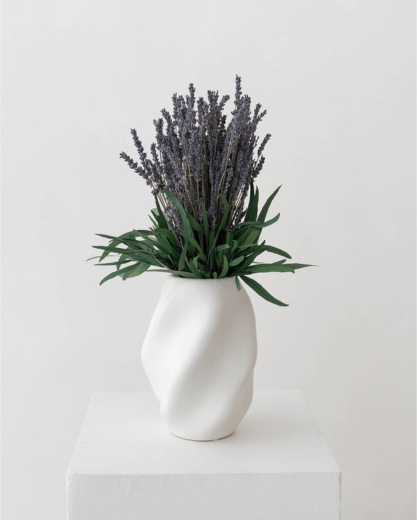 Preserved Lavender Arrangement in Sculptural White Vase
