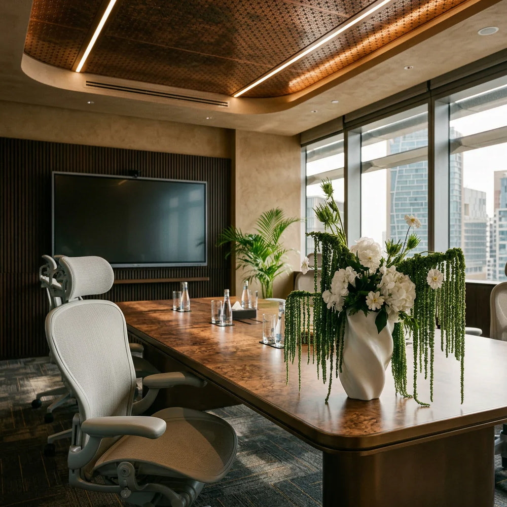 A modern conference room with a large wood table, white ergonomic chairs, a wall-mounted TV, and a vase of white flowers in the foreground near large windows overlooking a city skyline.