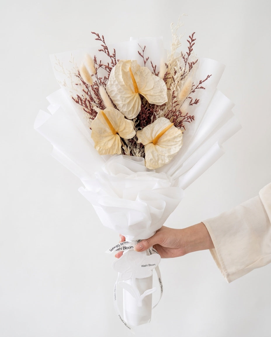 cream anthurium preserved bouquet Ivory Whisper Washi Bloom Riyadh