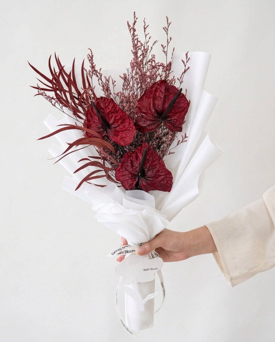 burgundy anthurium preserved bouquet Velvet Ember Washi Bloom Riyadh